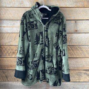 Vtg Nordic Lights Fleece Coat Jacket Lined Green Black Woodsy Pattern *READ*